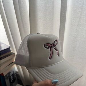 White Cap with Pink Bow Embroidery